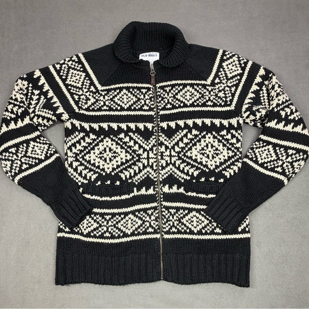 Old Navy Black & White Zip-Front Fair Isle Full Zip Sweater Cardigan